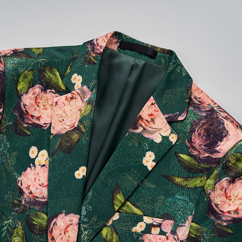 Blazer Herre Sportsjakke Jacquard Én Knapp Flat Krage Klaff Lommer Blomstermønster - Grønn