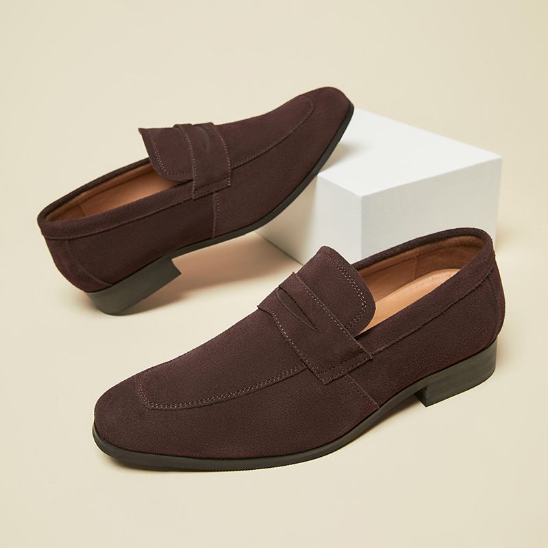 Loafers For Menn Moccasin Nubuck Cow Leather Horseshoe Heel - Brun