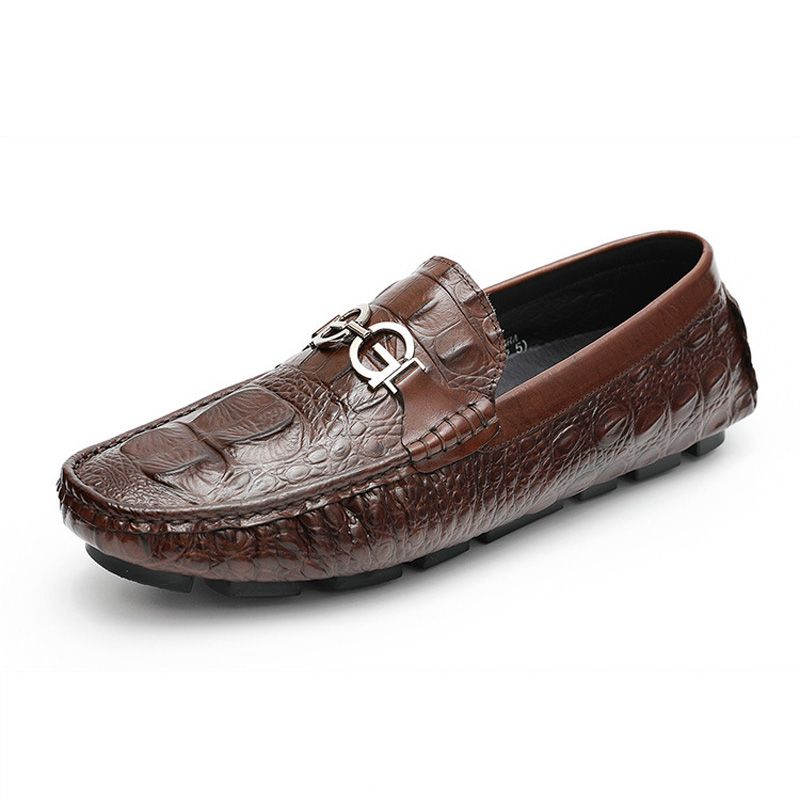 Moccasin Loafer For Menn Alligator Mønster Kjøresko Kuskinn Metallspenne - Brun